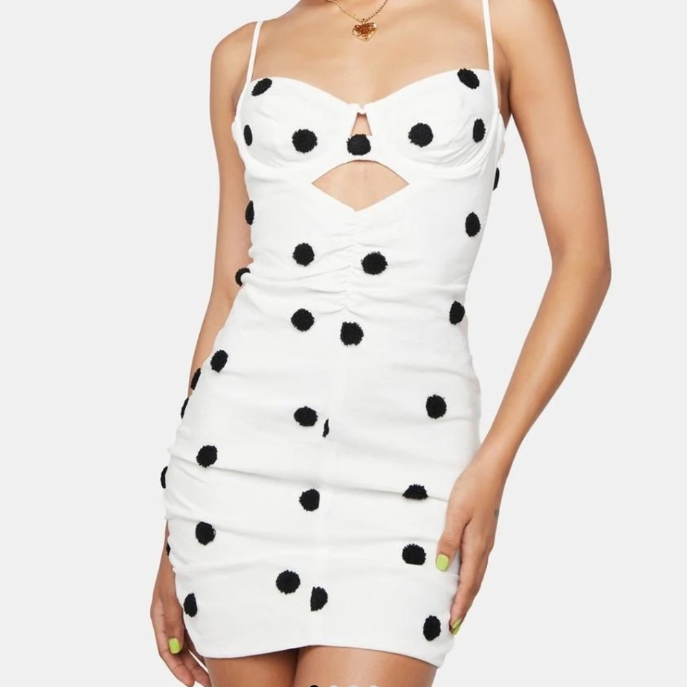 For Love & Lemons Abigail White Black Pola Dot Mini Dress Underwire Cups Fuzzy L